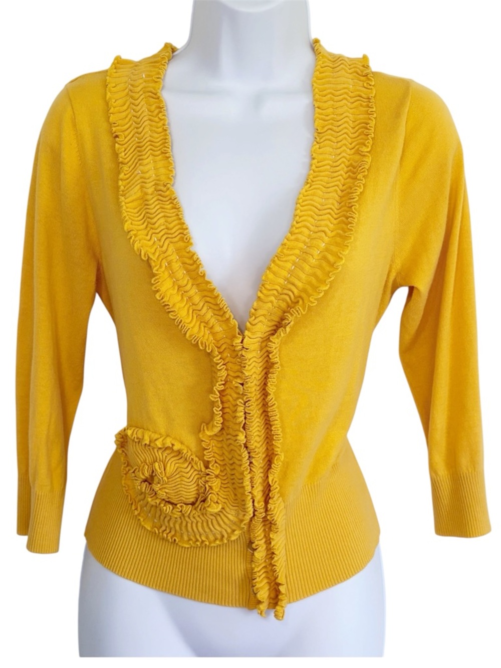 SPARROW ANTHROPOLOGIE Ruffle Rosette Cotton Cardigan Mustard Yellow Large